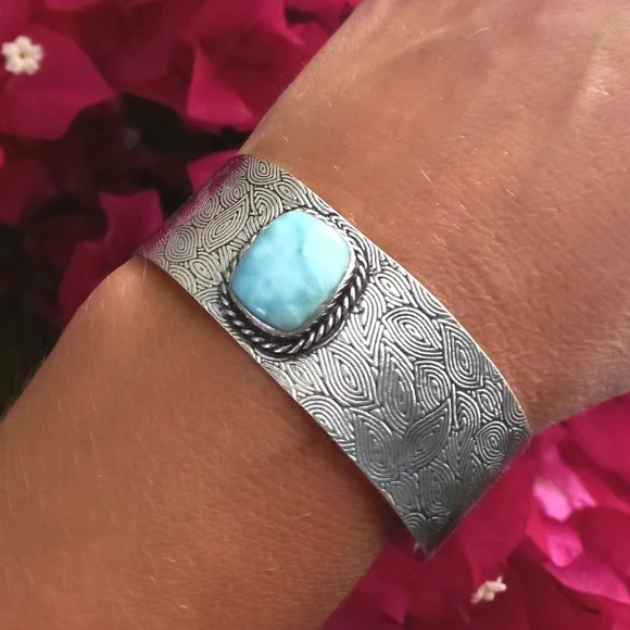 Genuine Caribbean Larimar Sterling Silver Cuff - Picture 3 of 5